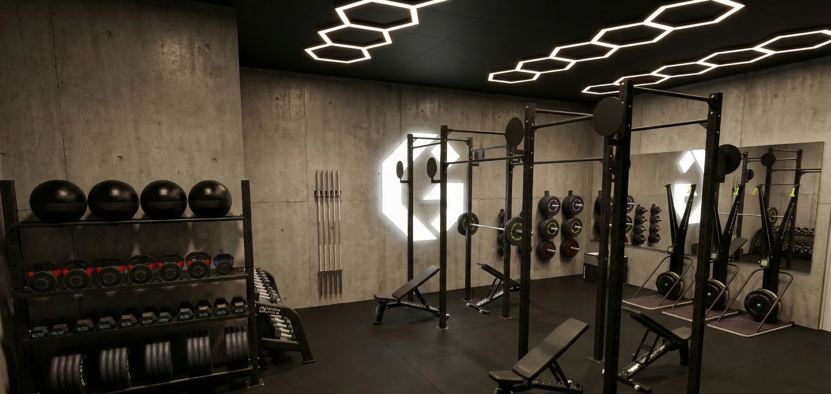 Ground gym render showing the training space from the left side