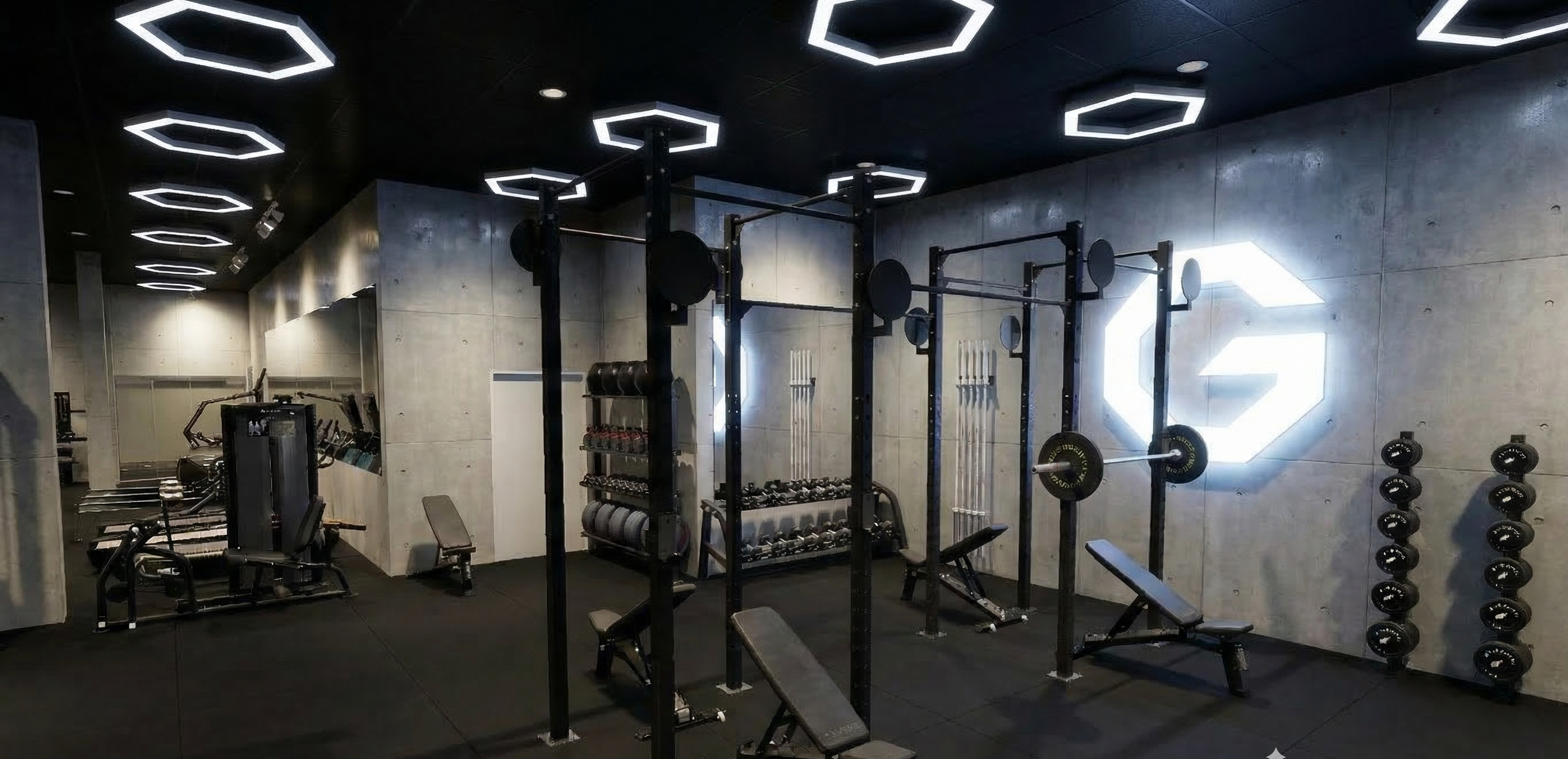 Ground gym render showing the central rack and training floor