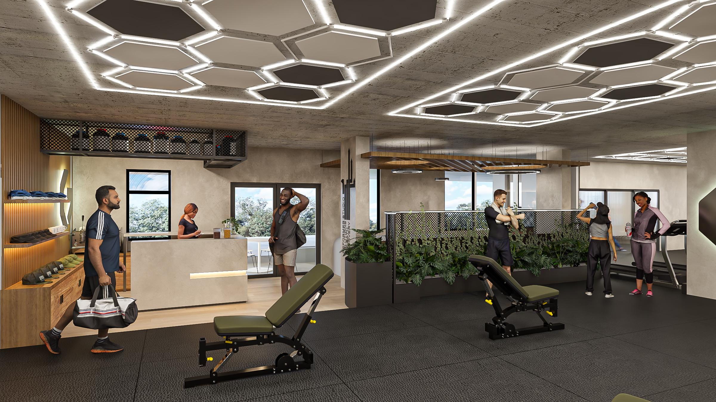 Cinematic architectural render of the Ground performance and recovery club interior
