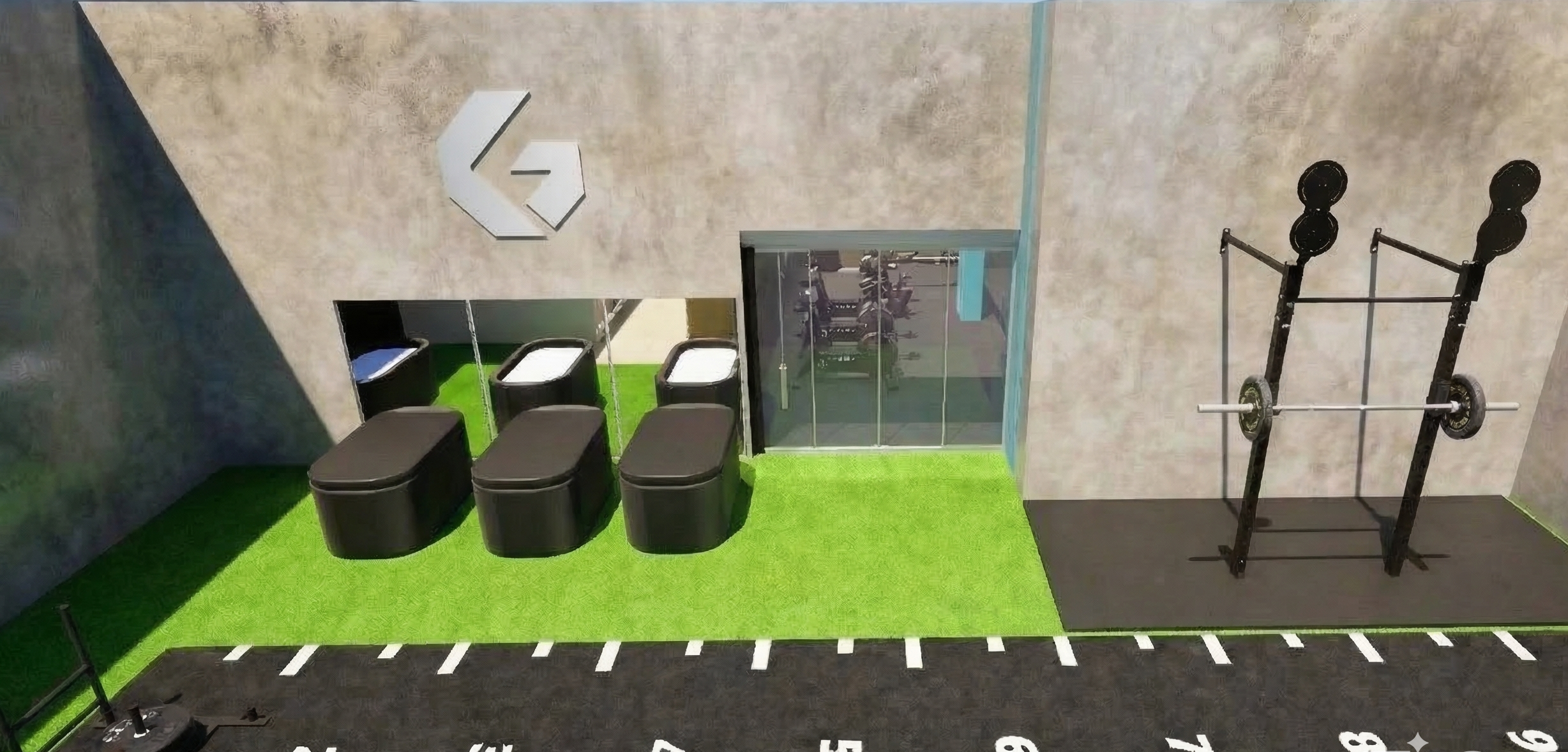 Ground outdoor training render showing sled track and equipment area